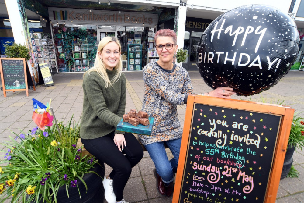 Charlotte Vaughan, bookseller at Kenilworth Books (left), with Judy Brook outside Kenilworth Books in Talisman Shopping Centre (image via Advent PR)