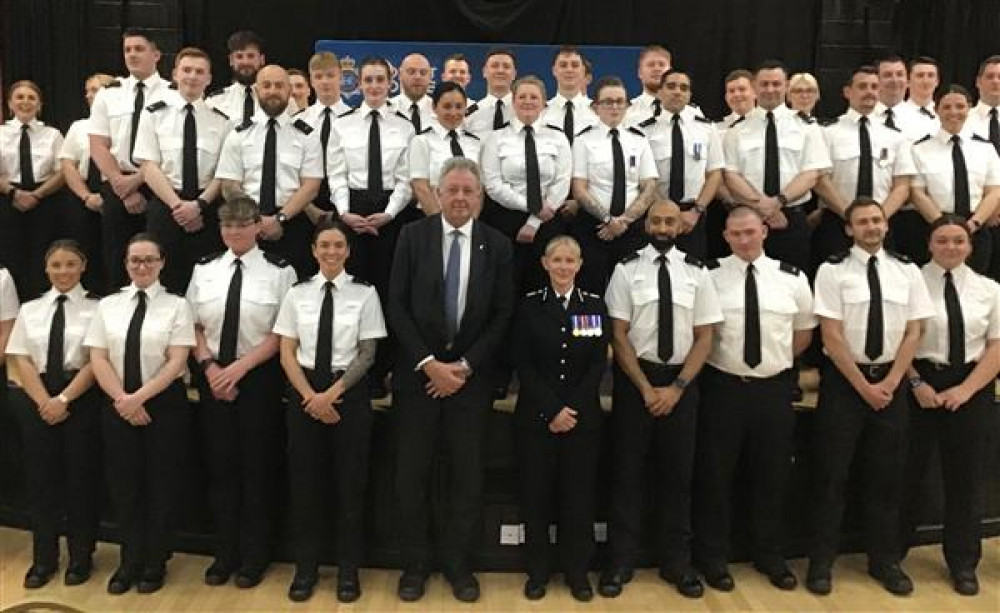 Police and Crime Commissioner David Sidwick and Dorset Police Chief Constable Amanda Pearson with some of the new recruits