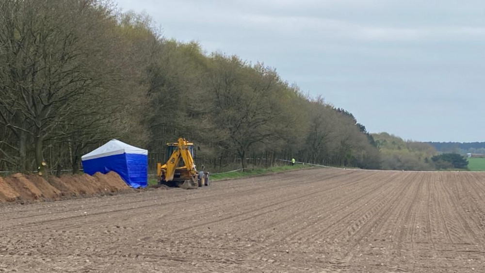 Specialist officers are continuing their investigation at a field in Sutton-in-Ashfield after human remains were discovered. Photo courtesy of Nottinghamshire Police.