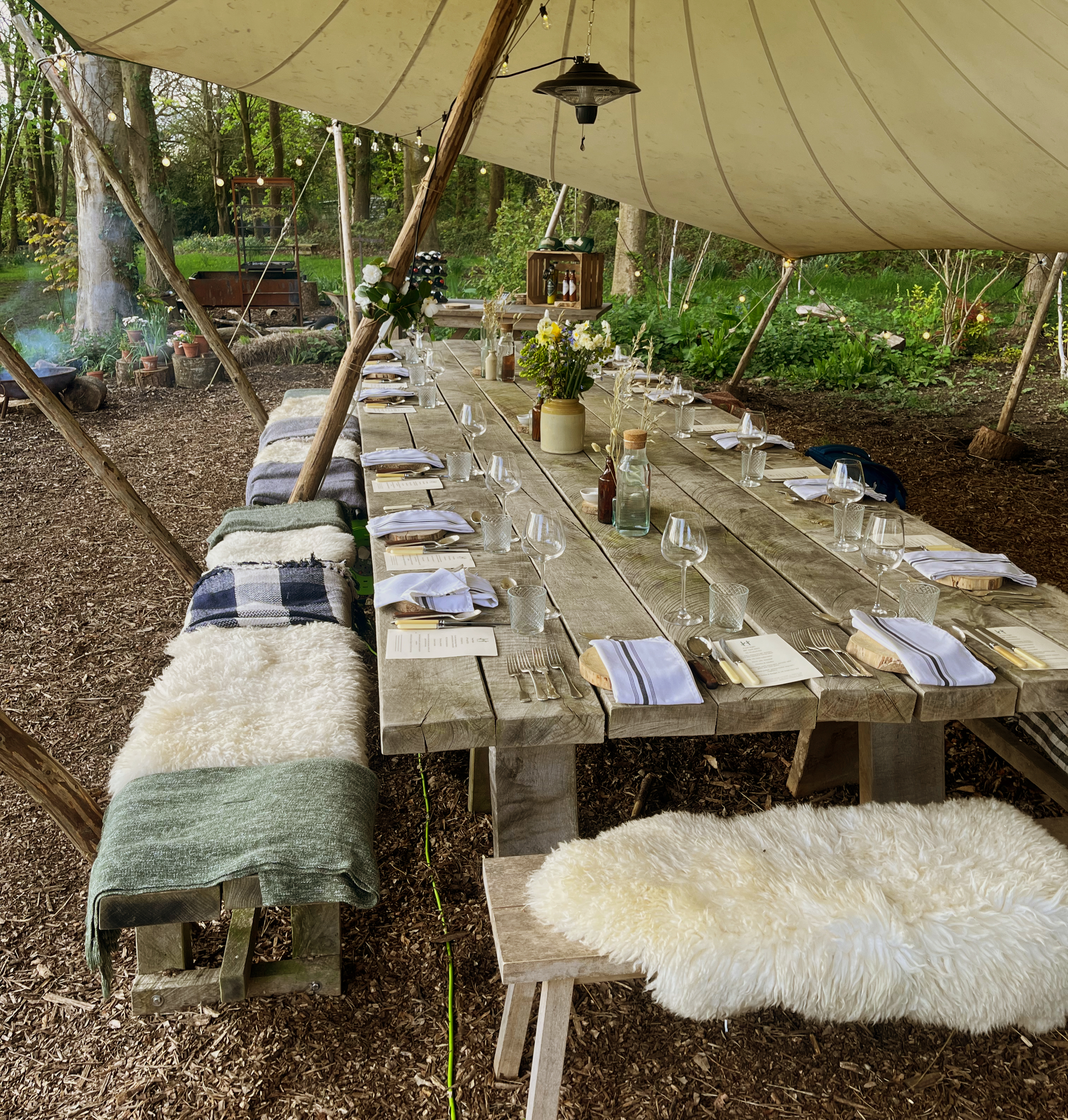 Our beautiful table setting in the woods at High Grange