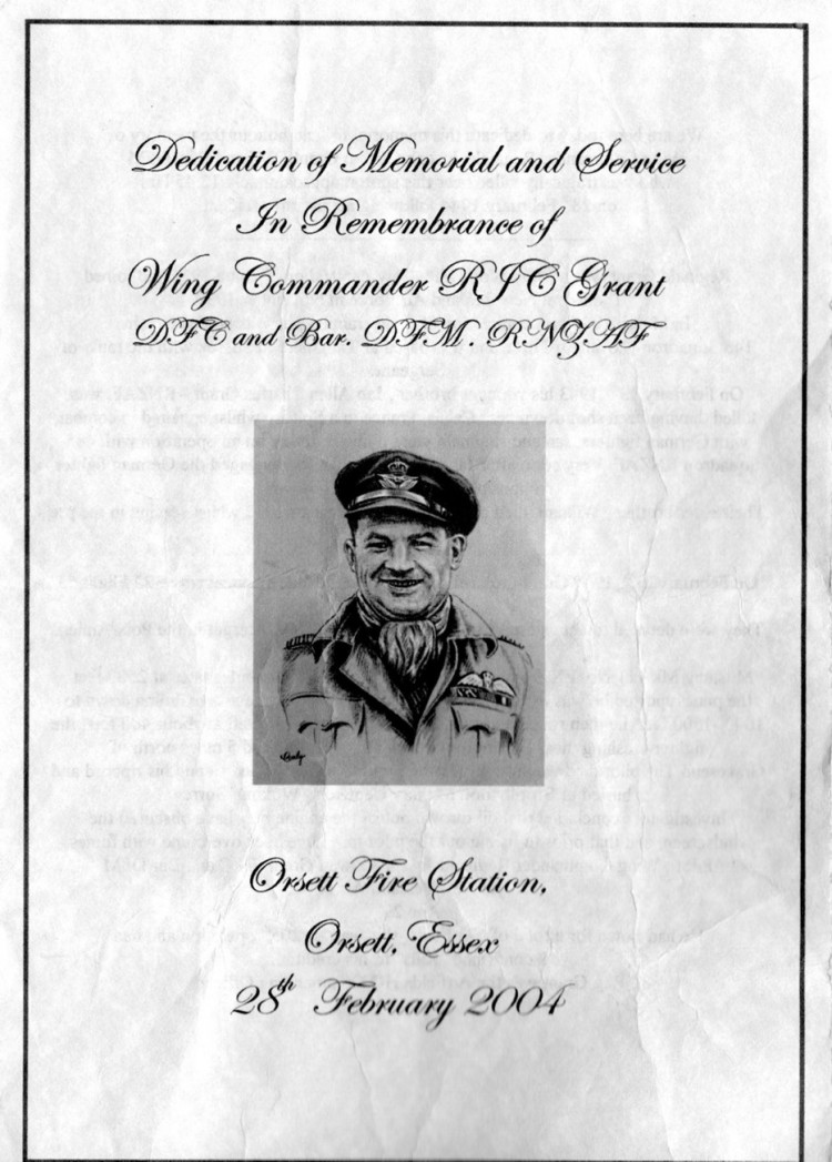 The service programme when a memorial was placed remembering Wing Commander Reg Grant.