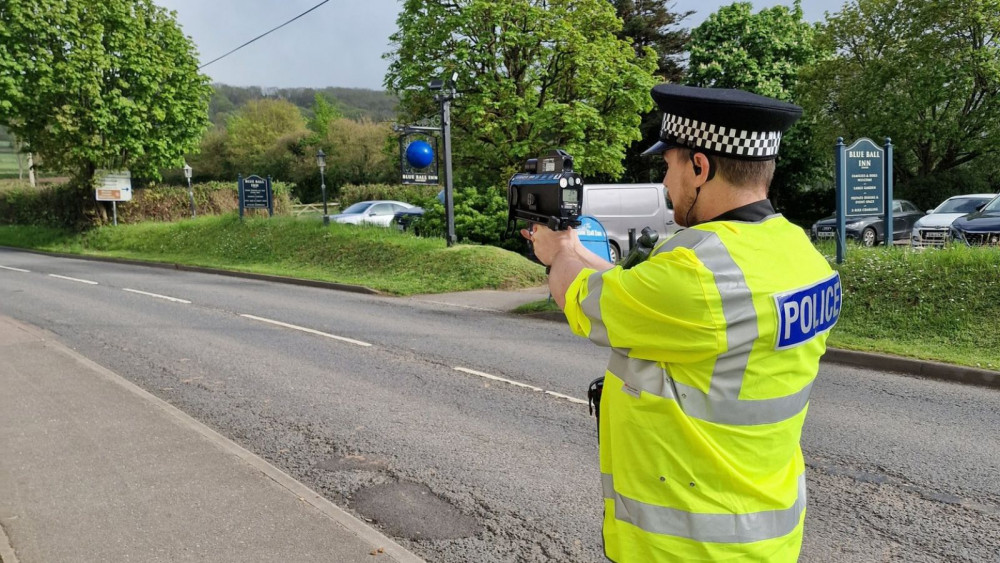 Measuring vehicle speeds on A3052 near The Blue Ball Inn, Sidford (Devon and Cornwall Police)