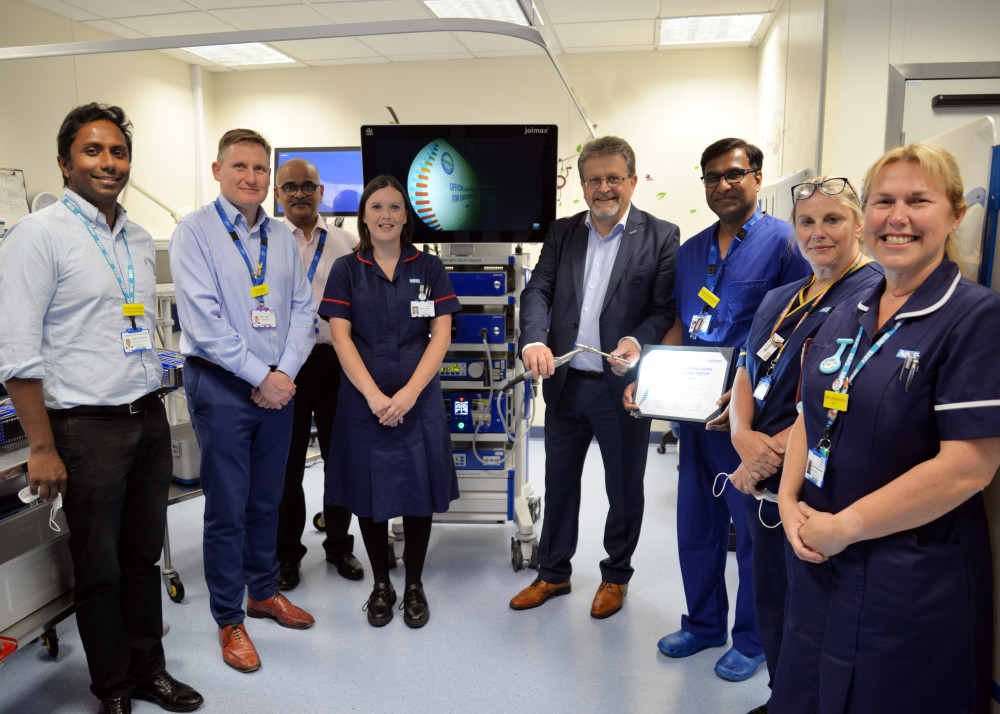 (left to right): Mr Dushan Thavarajah - consultant spinal surgeon, Peter Lewis - chief executive, Mr Pradeep Madhavan - clinical director for trauma and orthopaedics and ophthalmology, Gemma Briggs - day surgery centre clinical manager, Mr Wolfgang Ries - managing director of Joimax, Mr Ashok Subramanian - consultant spinal surgeon, Lorraine Mellor - spinal clinical nurse practitioner, Diane Smallacombe - day surgery centre ward sister.