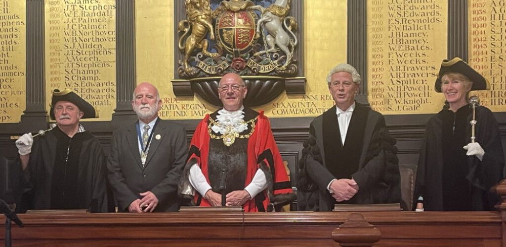 The new Mayor of Bridport, Cllr Dave Bolwell (centre), with his predecessor Cllr Ian Bark, town clerk Will Austin and the town's macebearers