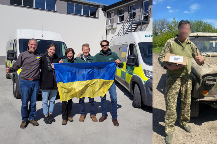 Country Food Trust and Mighty Convoy arrive in Ukraine and a soldier with one of the 'Country Bolognese' meals on the frontline