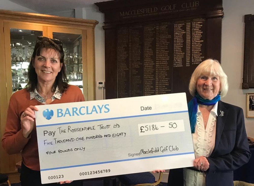 Sue Heaven, Head of PR & Fundraising at The Rossendale Trust receives a cheque from Rita Barton, Lady Captain of Macclesfield Golf Club. 