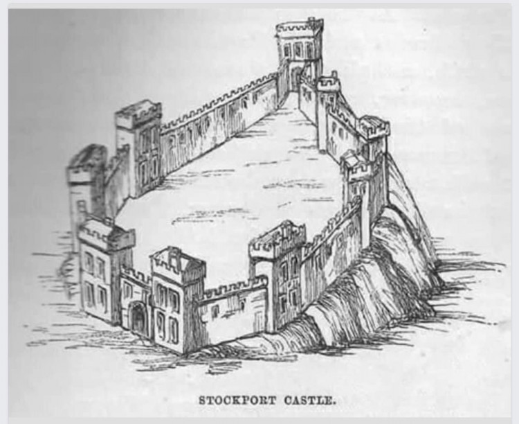 Stockport Castle - drawing from the 19th century. (Image - Stockport Ancient and Modern / Henry Heginbotham)