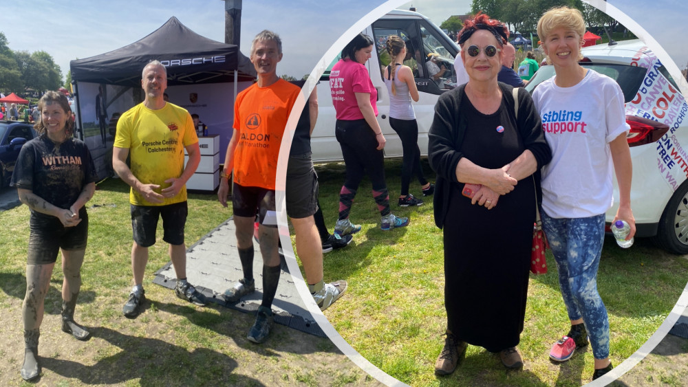 Vicky Reilly (left) and James Haskell-Jones (right) were the first two to finish the race. Meanwhile, comedian Jo Brand (inset, pictured with ITV News' Becky Jago) cheered her daughter Maisie on from the side-lines. (Photos: Maldon Mud Race)