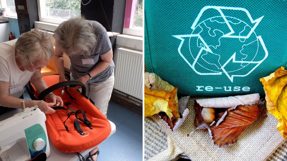 L: A pram being repaired at a recent Repair Café (Miriam Thomas) R: A reusable bag (stock image) 