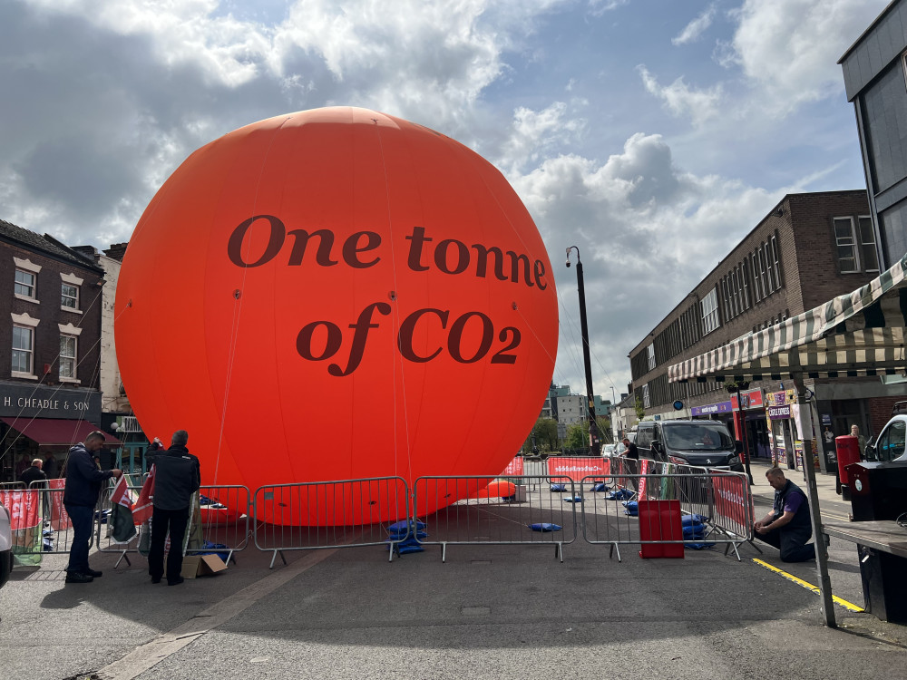 A giant carbon bubble is in Market Square, Newcastle-under-Lyme, today to help raise awareness of climate change (Nub News).