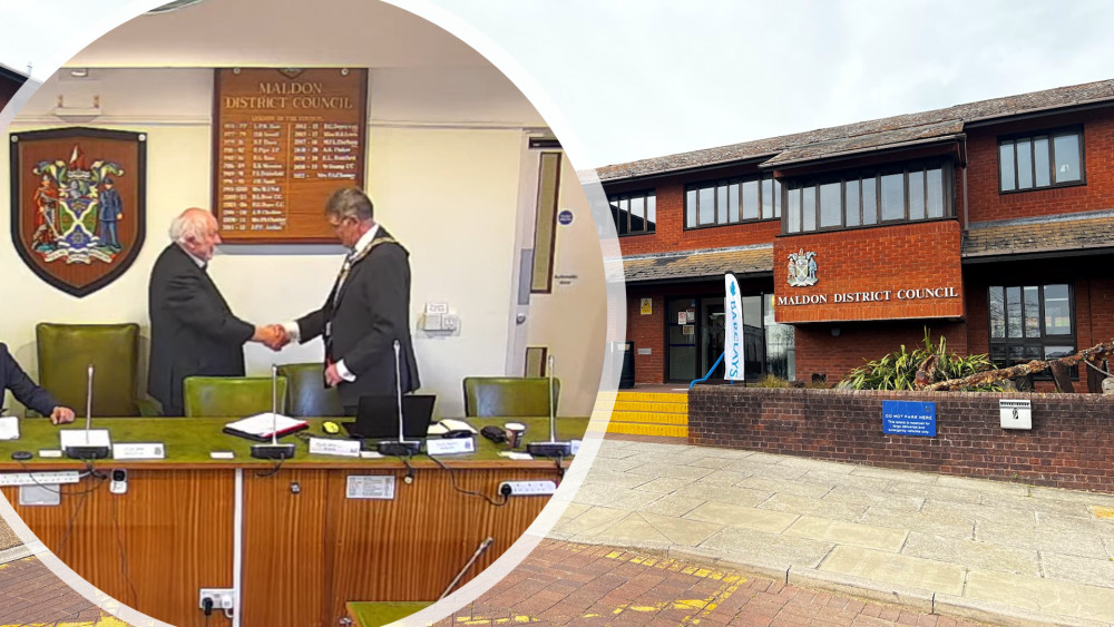 Former councillor Robert Boyce passed on the Chairman's Chains of Office to Councillor Kevin Lagan at a meeting on Thursday, May 18. (Photos: Ben Shahrabi and Maldon District Council)