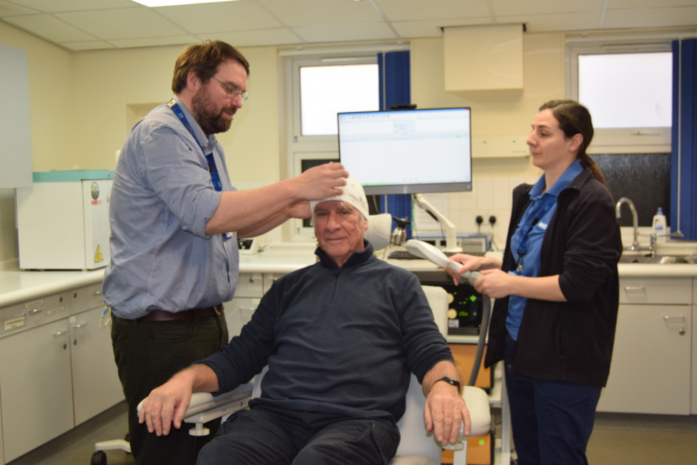 Pictured (left to right): Dr Nathan Maynard – consultant psychiatric and clinical lead for rTMS, David - patient, Catriona Gullick - neuromodulation team lead.