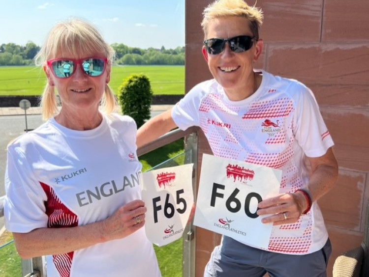 Angela Kerr and Carol Austin competing for England Masters at Chester Half-Marathon