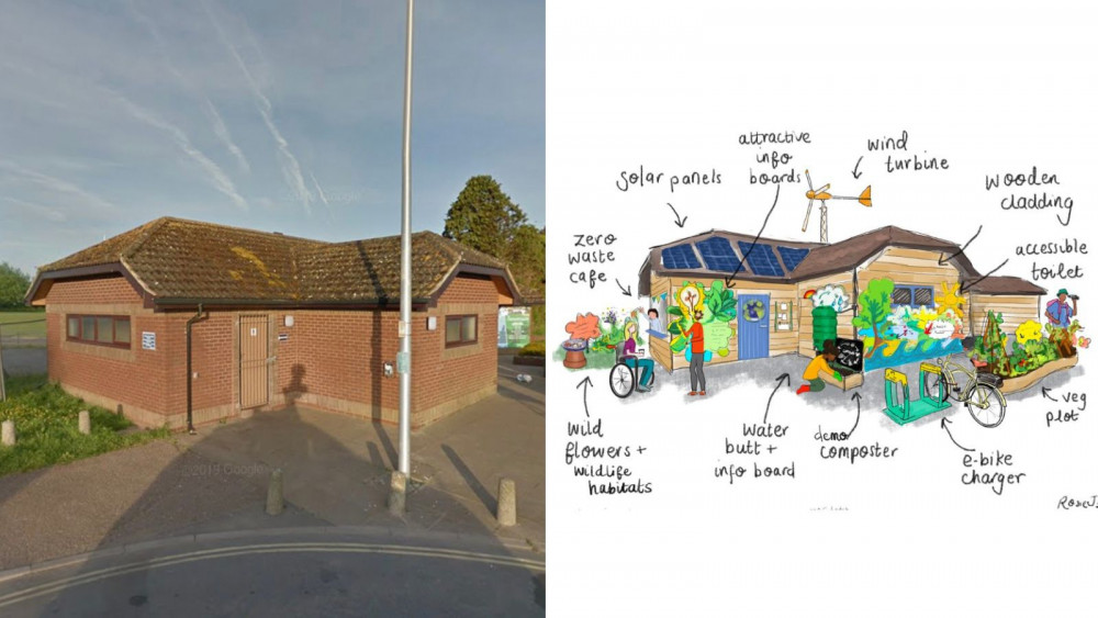 L: Imperial Recreation Ground public toilets (Google). R: Artist's impression of the proposed eco hub (Transition Exmouth)