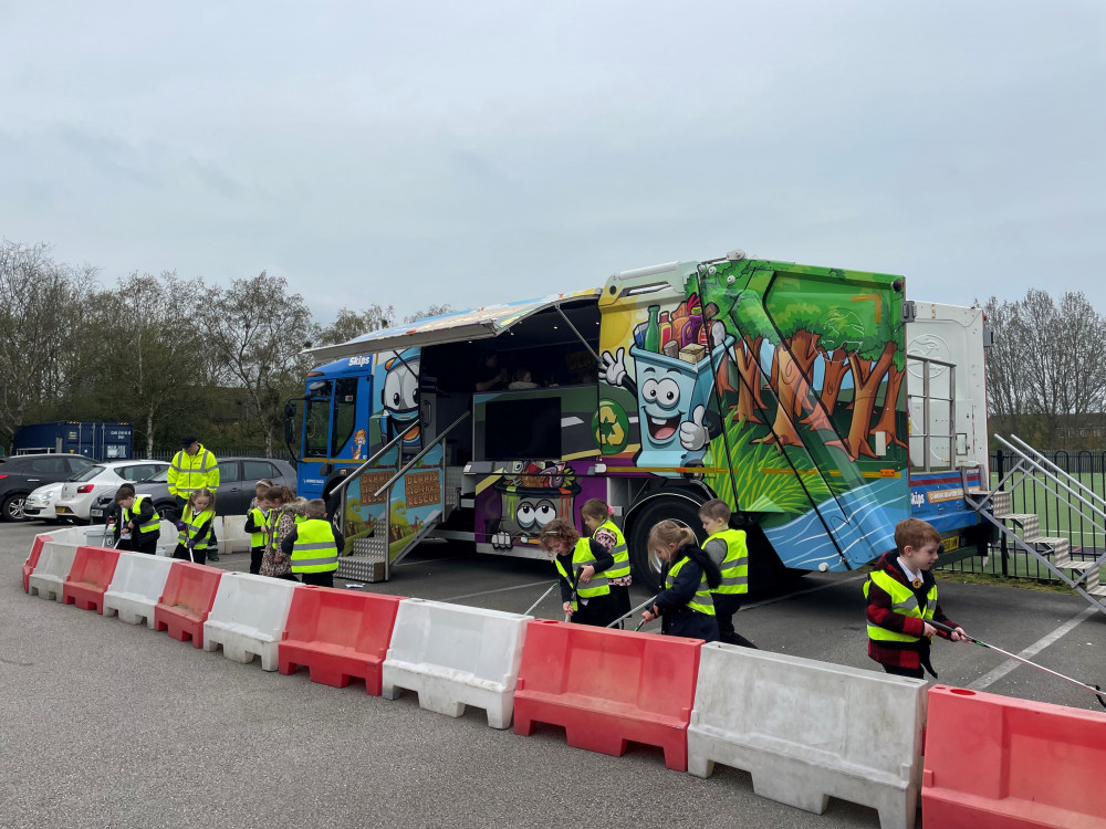 Pupils from Crewe's Leighton Academy enjoying the interactive Dennis on Tour visit (Cheshire East Council).