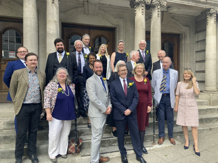 The Lib Dems are the largest party, with Cllr Mark Hunter set to lead them and the council for the next 12 months. Cllr Hunter is pictured fourth from the left in the front row (Image - Alasdair Perry)