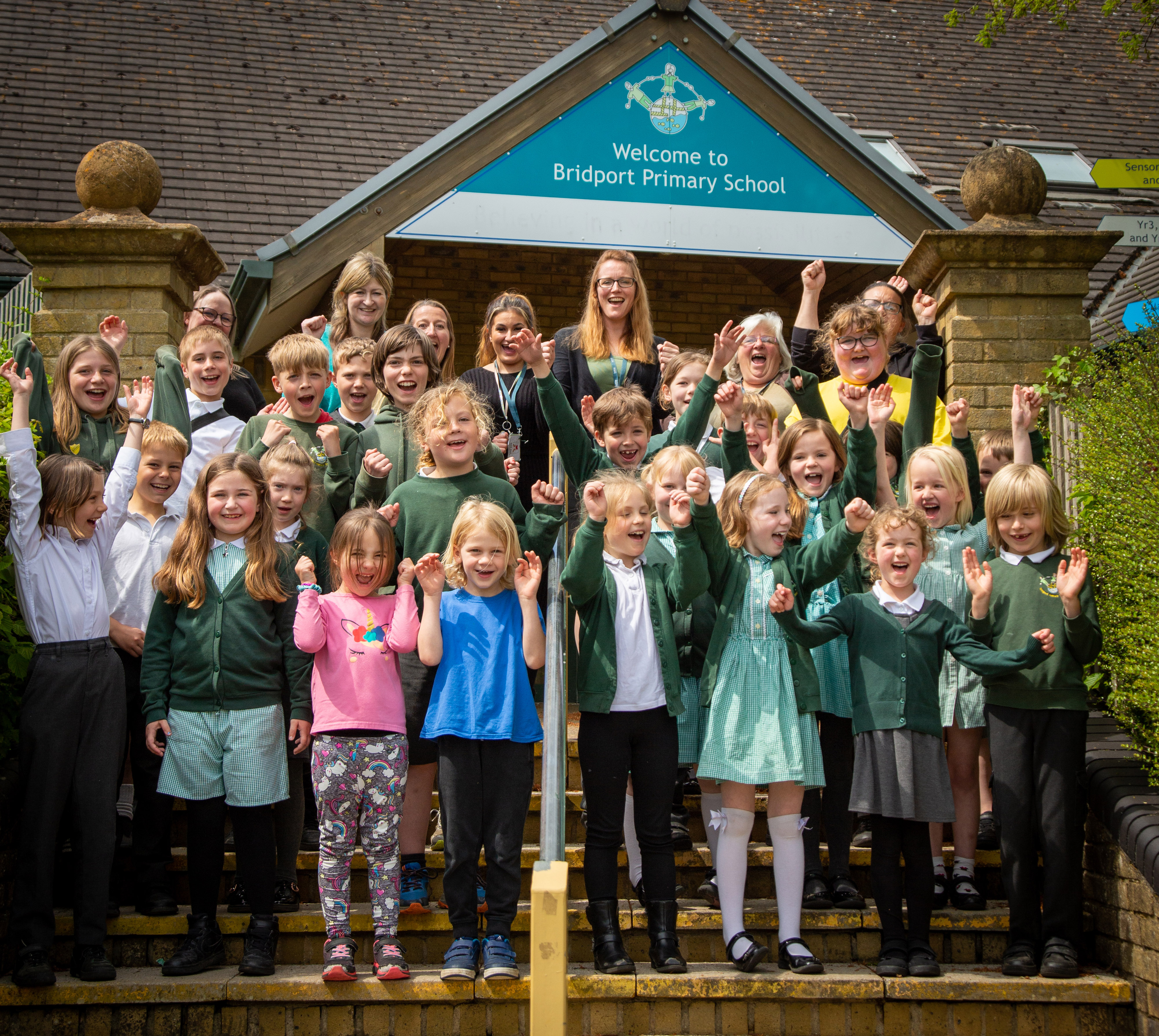 Bridport Primary School headteacher Michaela Kite (rear centre) with pupils