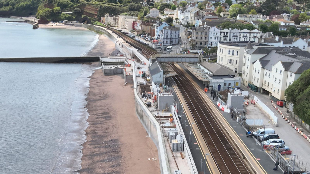 Drone shot of new sea wall and railway station (Network Rail)