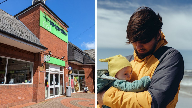 Honiton Co-op (Nub News) and photo of a father with a baby 