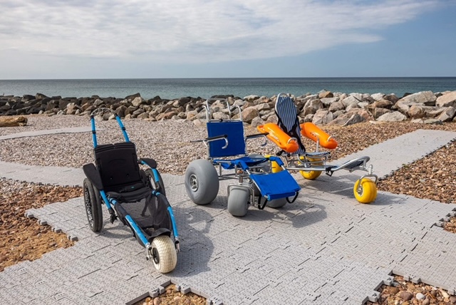 A variety of wheelchairs are available to use on West Bay beach