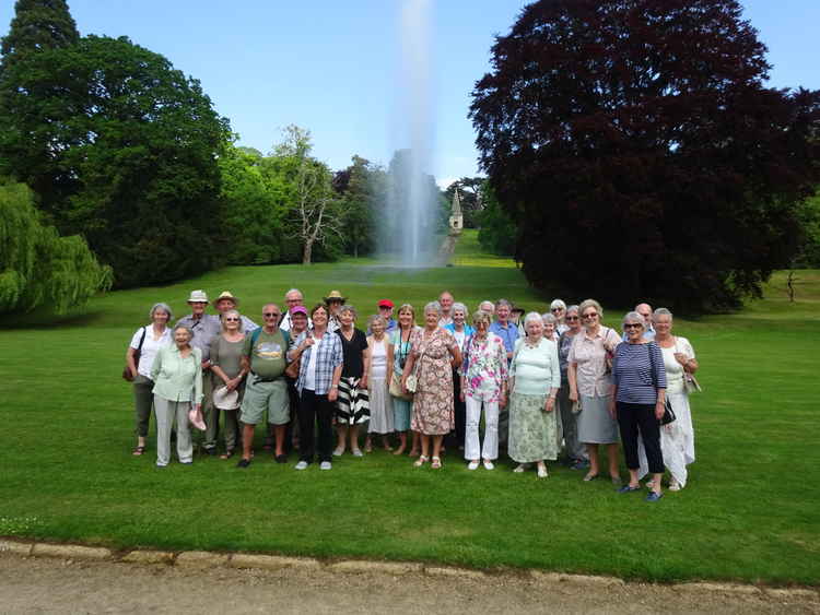 Cowbridge U3A members at Stanway House with a backdrop of the highest gravity-fed fountain in the world