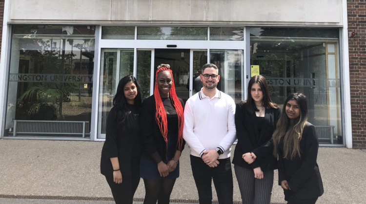 Laboratory science students from Ursuline School Latusha, Agatha, Bernadeta and Aksara are the first group to be offered T-level placements by Kingston University and visited campus with their Assistant Headteacher Ben Barton (Credit: Kingston University)