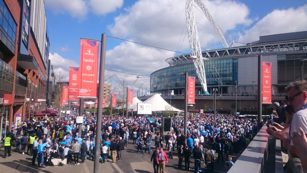 Sky Blues fans outside Wembley before the 2017 EFL Trophy final against Oxford 