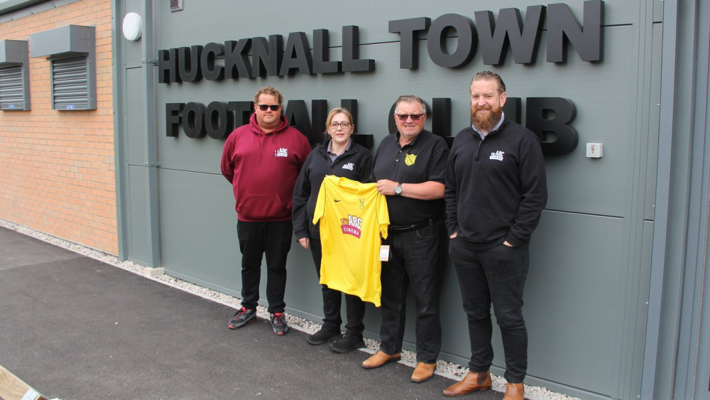 The Arc Cinema Hucknall's General Manager, Kelly Golding along with Marketing Manager Mark Gallagher and Damien O'Connor are pictured with Yellows Chairman Bob Scotney at the RM Stadium where the new arrangement was agreed. Photo courtesy of Hucknall Town FC.