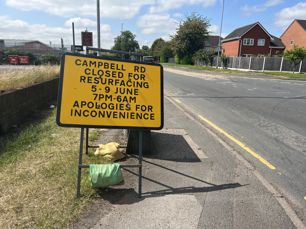 Campbell Road, Stoke, will be closed overnight for the next four days whilst resurfacing work takes place (Nub News).