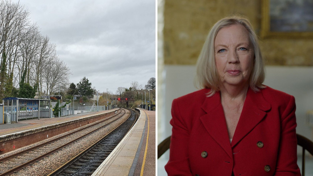 Deborah Meaden will be heard in announcements across the South Western Railway Network (L: Honiton Train Station and R: Deborah Meaden, credit SWR)