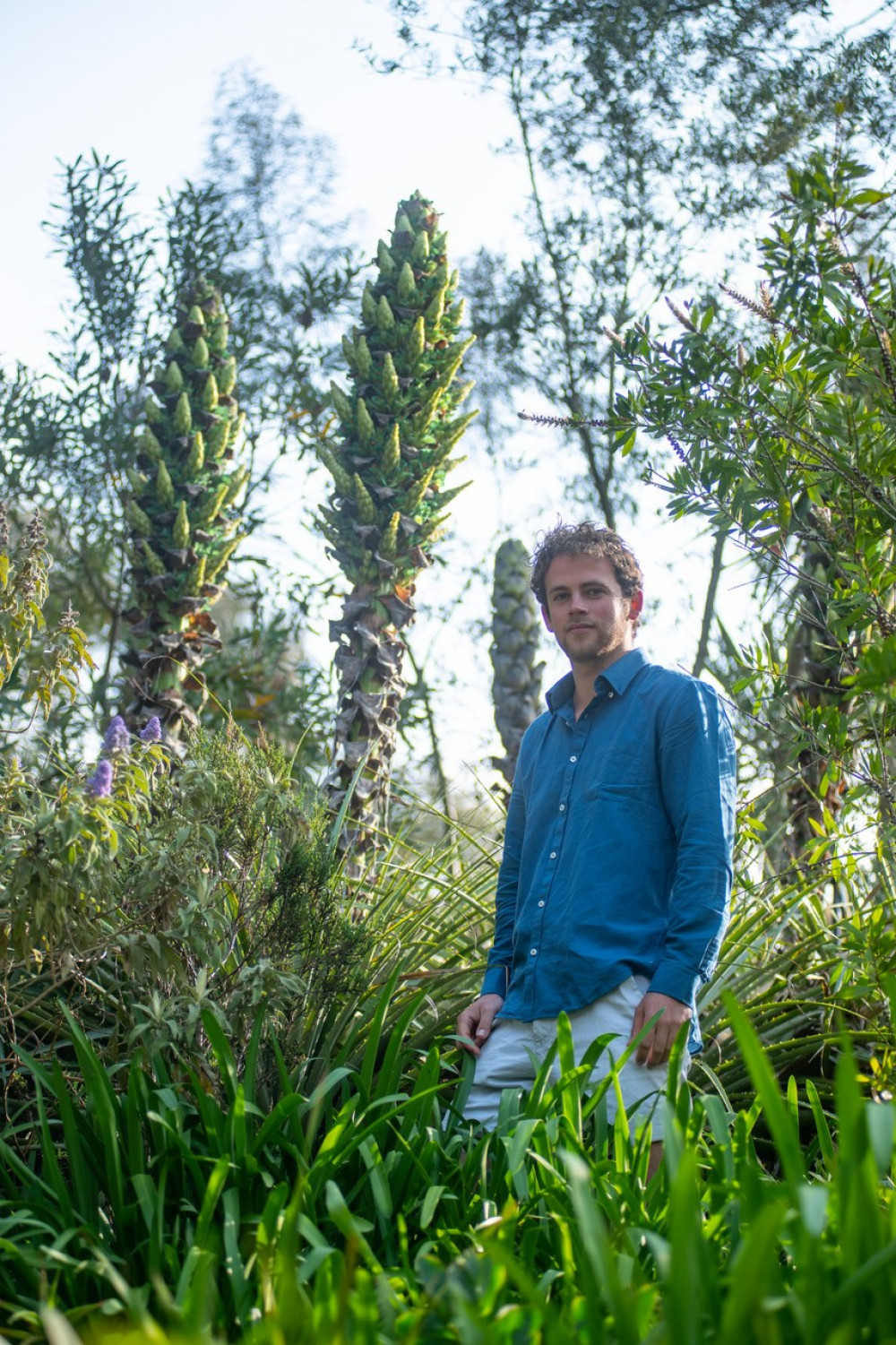 Abbotsbury Subtropical Gardens curator David Pearce with the Puya chilensis in bloom