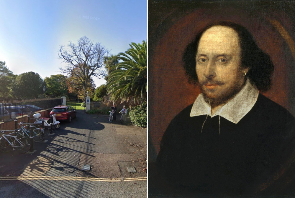 L: Entrance to Blackmore Gardens, Sidmouth (Google Maps). R: Shakespeare (Wikimedia Commons)