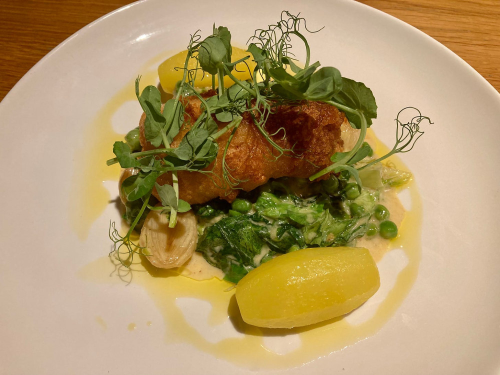 Monkfish with buttered lettuce, mint, peas and saffron potatoes at the Bildeston Crown (Picture: Charlotte Smith-Jarvis