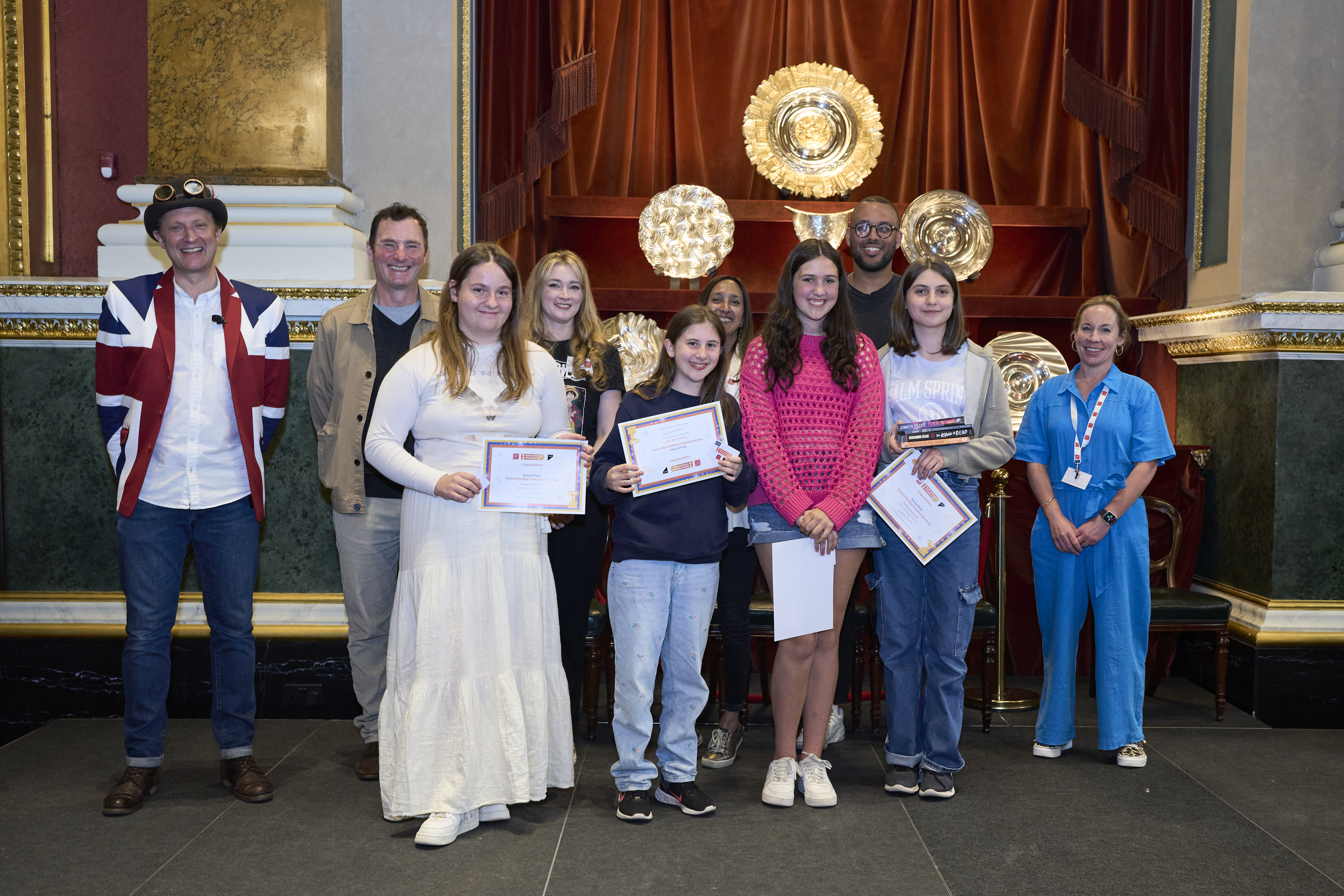 The Emanuel team with host Mr Dilly, authors Anthony McGowan, Jennifer Killick, Jasbinder Bilan and Benjamin Dean, and Henrietta Roberts from the National Literacy Trust