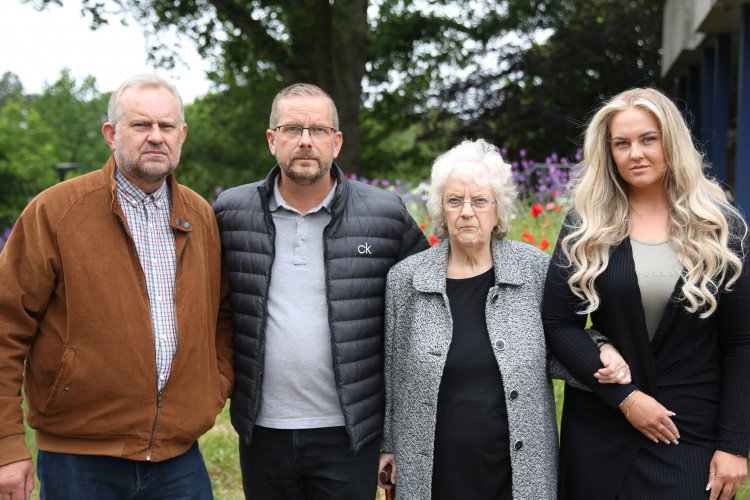 The family of murdered Alfred Swinscoe are calling for answers after he was found buried in a field more than 50 years after he went missing. Pictured: Alfred's grandsons Russell and Jason Lowbridge, Alfred's daughter Julie Swinscoe and Alfred's great grand-daughter Saffron Lowbridge. Photo courtesy of Nottinghamshire Police.