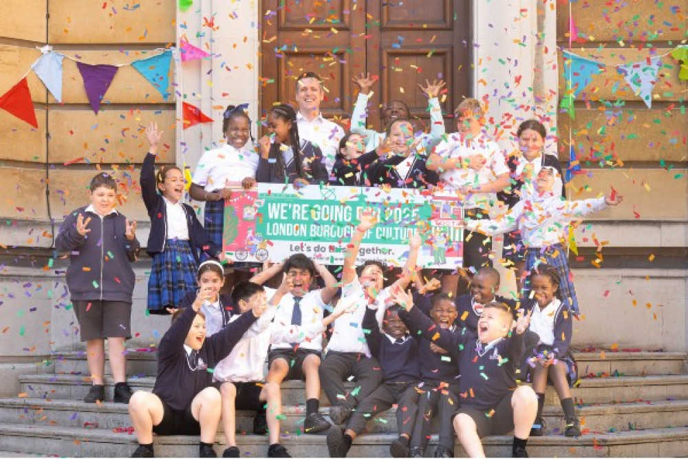 Council Leader Simon Hogg and Deputy Leader Kemi Akinola (back) launch culture bid with St Joseph's school