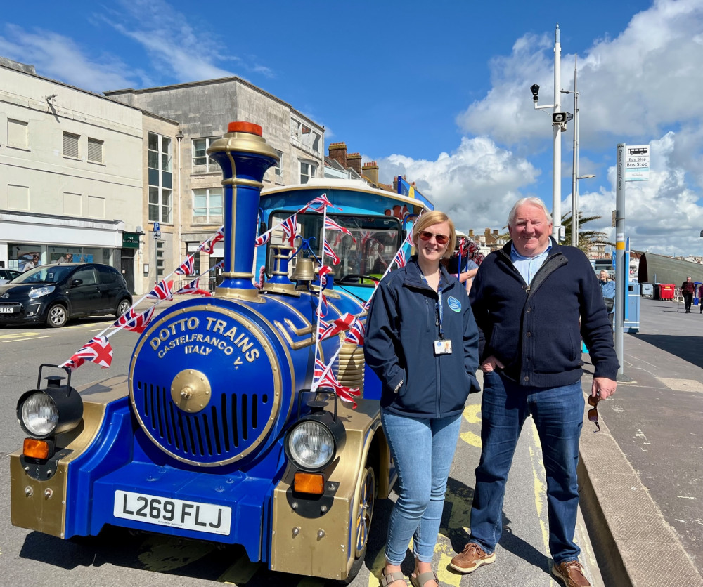 Weldmar Hospicecare fundraising lead Fiona Hansford and Tony Poole of Weymouth land train (photo courtesy of Wemouth land train)