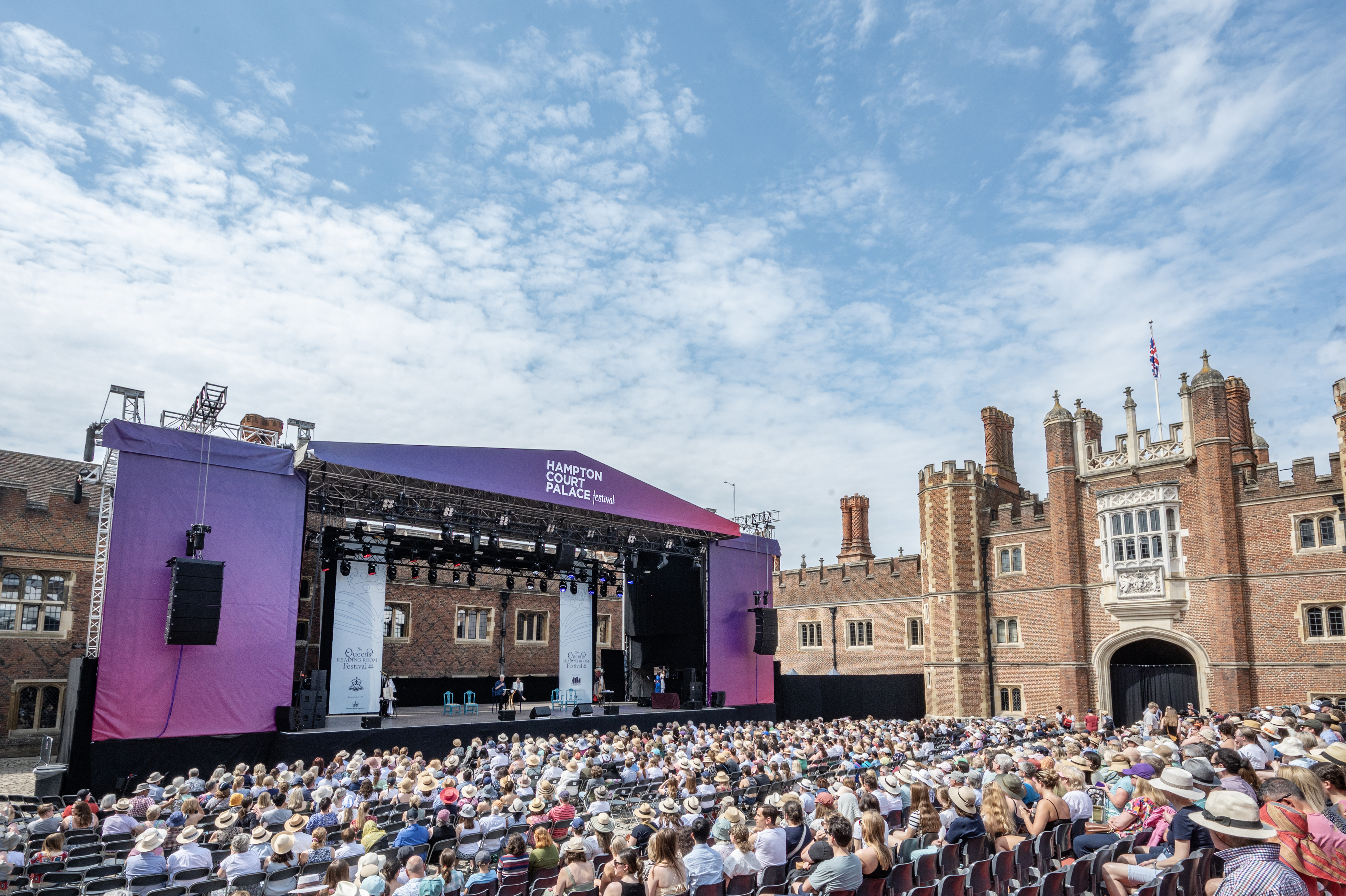 Her Majesty The Queen Camilla hosted her first Queen’s Reading Room Festival at Hampton Court Palace on Sunday with a surprise appearance from The King and a host of famous authors and actors (Credit: The Queen's Reading Room)