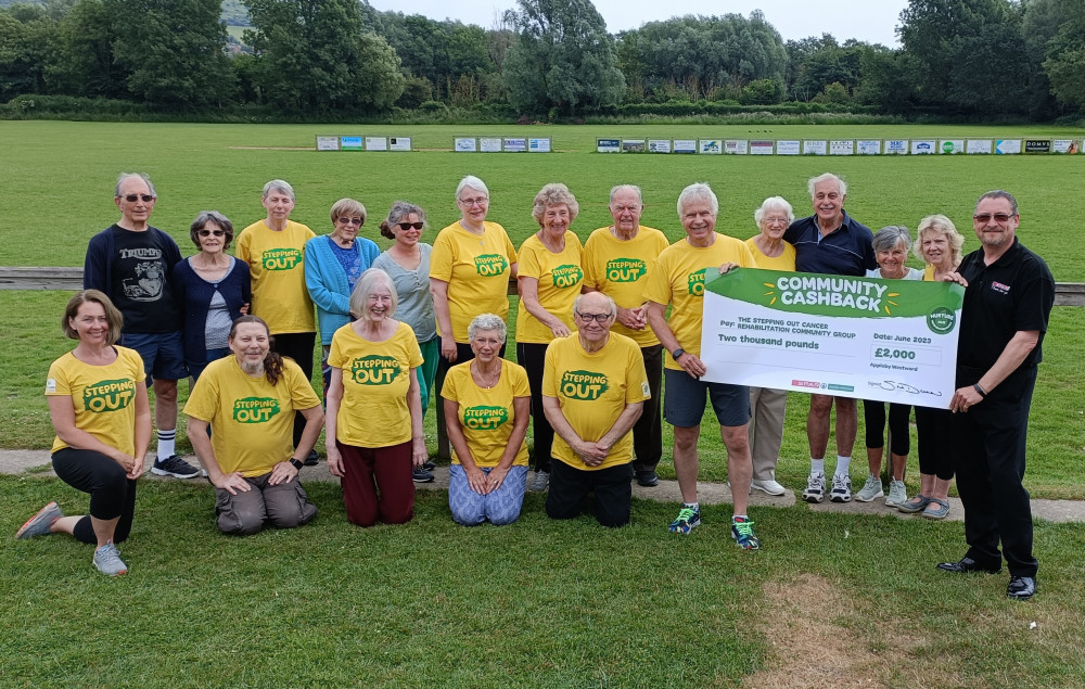 SPAR area manager Mike Emerson presented the cheque to Exercise and Cancer Rehabilitation instructors Jo and Richard, and Stepping Out group members