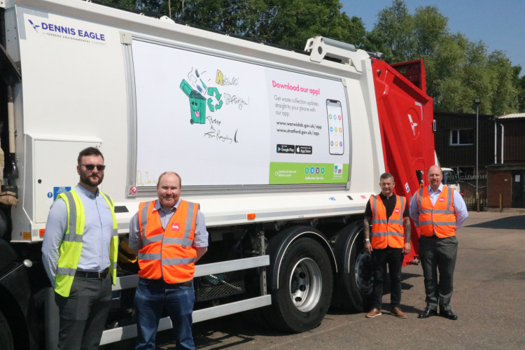 Cllr Will Roberts with Jamie Wickes, Recycling Development Officer at Warwick District Council; and representatives from Biffa (image via Warwick District Council)
