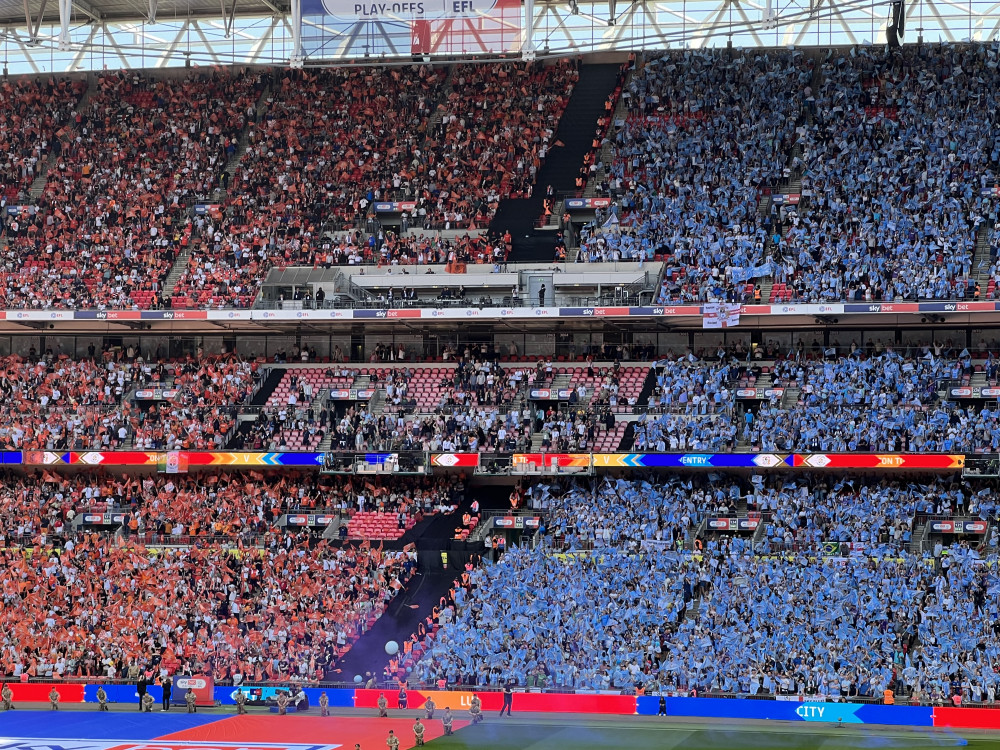 Find out who Luton Town will host during 2023-24. PICTURE: Luton Town fans at Wembley in May. CREDIT: @laythy29