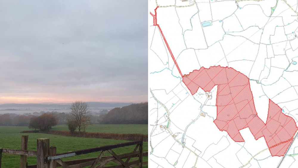 The solar farm will be located in the countryside near Whimple, pictured above (Nub News). R: A planning document for of the solar farm (Image: Planning documents)