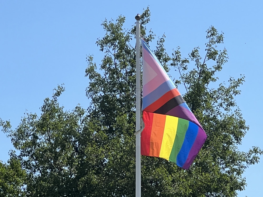 North Herts Hate Crime Officer Dee Marr will be in Hitchin Market Place to offer support. PICTURE: The rainbow flag flies proud over Hitchin Market Place on Friday afternoon (June 16). CREDIT: Hitchin Nub News 