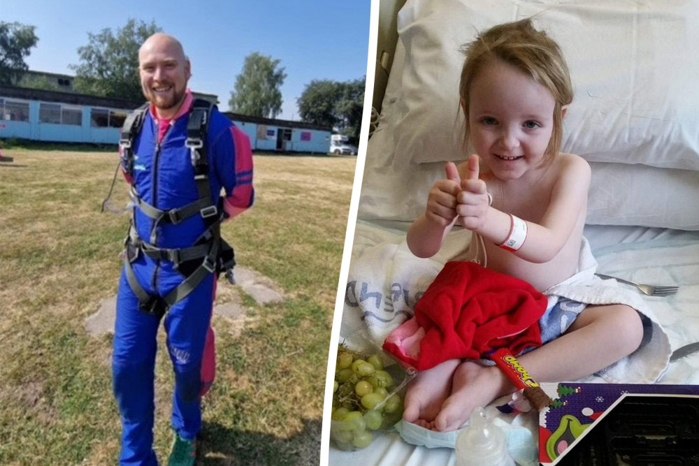 Sam Allen, from Stoke-on-Trent, lost nearly 4 stone to complete a charity skydive after meeting Dakota-Marie in a local pub (SWNS).