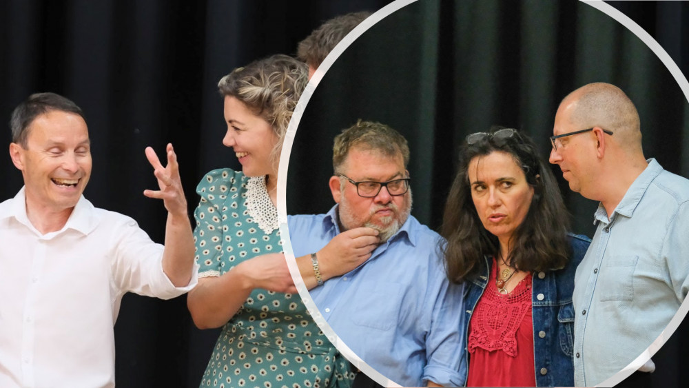 Left to right: Scott Peters as Don Pedro and Heather Sims as Hero. Inset, left to right: Chris Pond as Borrachio, Ghislaine Davis as Don John and Trevor Hammond as Conrad. (Photos: David Weller)