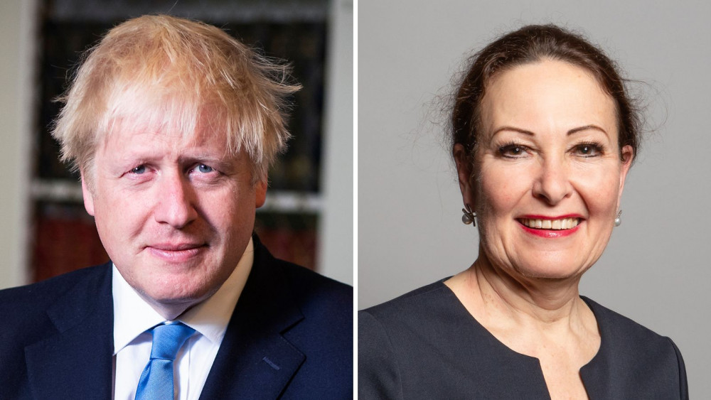 L: Boris Johnson (By Ben Shread / Cabinet Office, OGL 3, https://commons.wikimedia.org/w/index.php?curid=83764351). R: Anne Marie Morris (By Richard Townshend, CC BY 3.0, https://commons.wikimedia.org/w/index.php?curid=86673656)