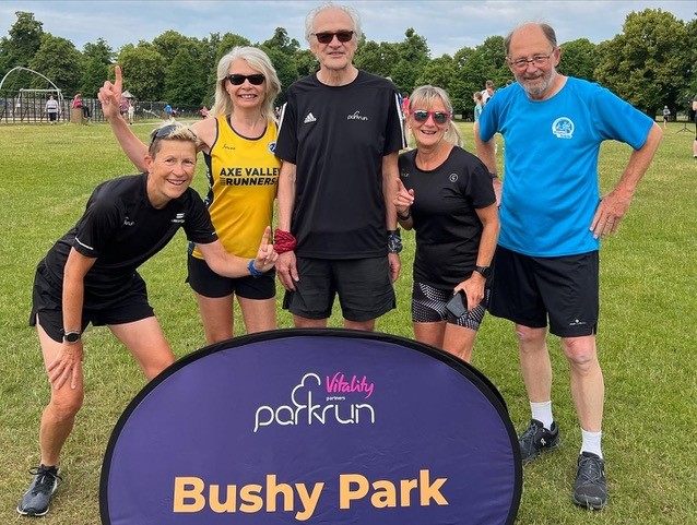 Carol Austin, Sarah Shepley, Kevin Feeney, Angela and Martin Kerr visit Bushy parkrun to celebrate Kevin’s 100th at Bushy