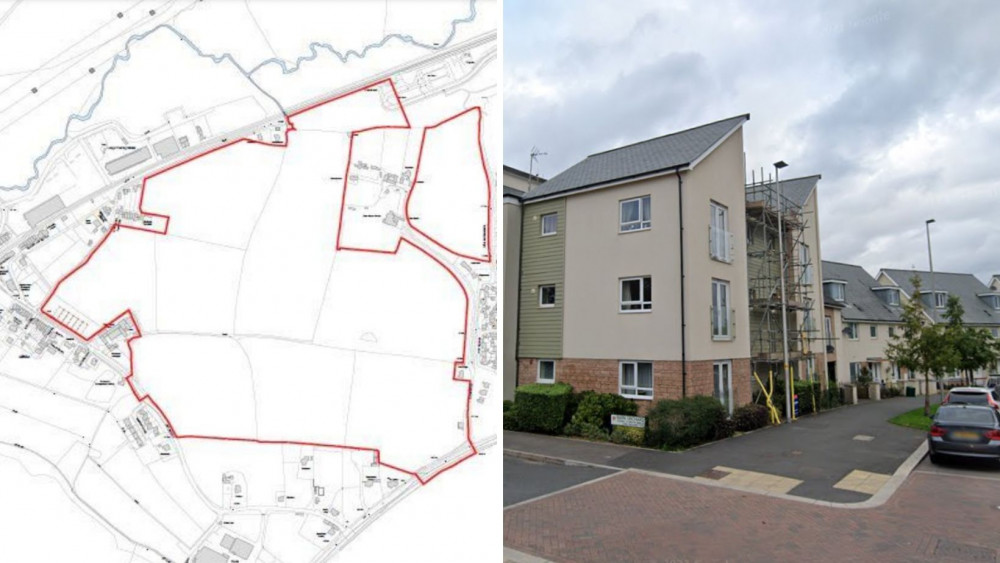 The development site in Cranbrook (Development planning documents) and a photo of Cranbrook (Google Maps)