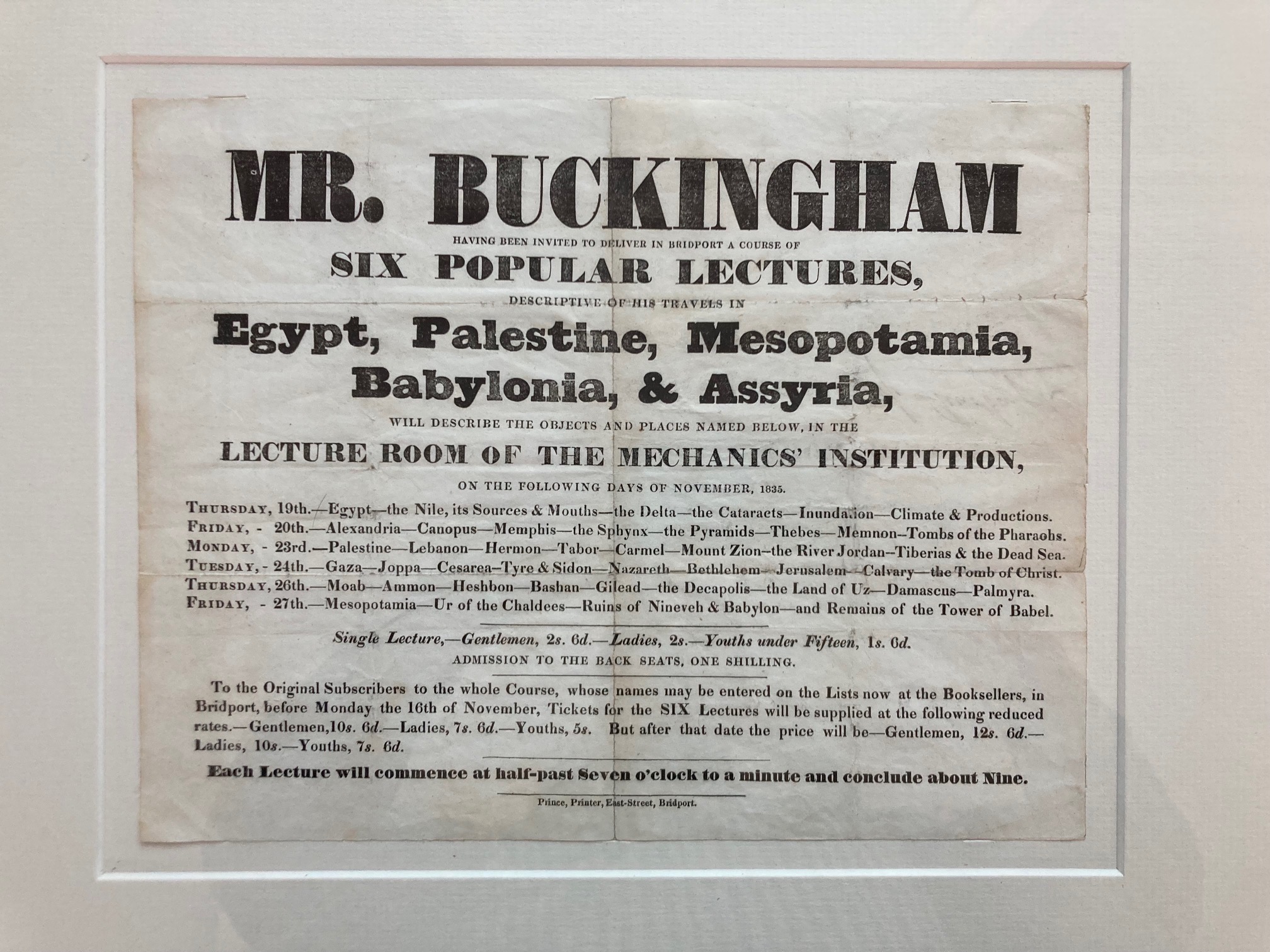 The 1835 advertisement for a lecture series in the Mechanics’ Institution