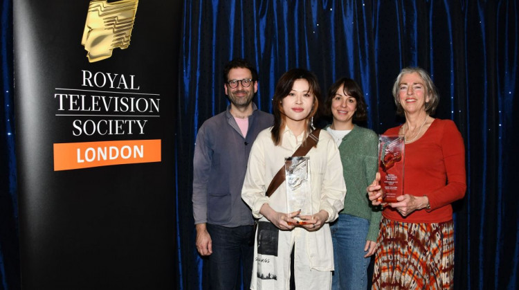 Zoe Wang collecting the animation accolade at the Royal Television Society's London regional student awards and Miranda Peyton Jones' mother picking up her daughter's award for the factual category, joined by lecturers Rachel Gannon and Paddy Molloy (Credit: Kingston University)